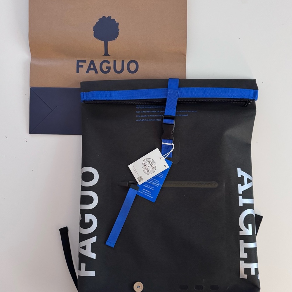 Aigle Black and Blue Backpack with Roll-Top Closure